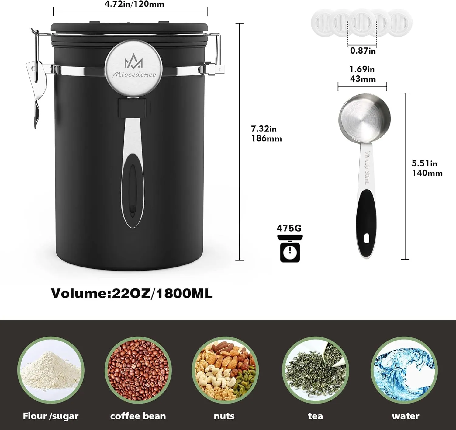 Coffee canister for ground coffee with Scoop Date Tracker One Way Co2 Valve 304 Stainless Steel Kitchen Food Airtight storage container for Coffee Beans,Grounds,Tea,Sugar (Silver, 22oz)