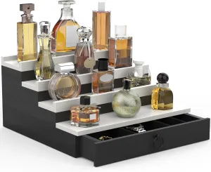 Cologne Organizer for Men, 4 Tier Perfume Stand, Cologne Shelf with Drawer and Hidden Compartment Perfume Display Holder, A Gift for Men
