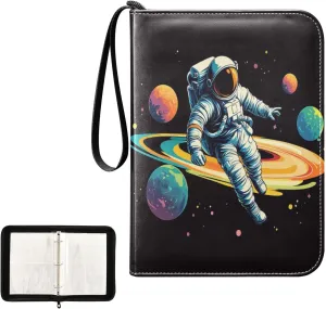 Colorful Astronaut Planets Space Card Binder 4 Pocket, Trading Card Holder Fits 400 Game Cards with 50 Removable Sleeves, MTG Card Case Standard Size