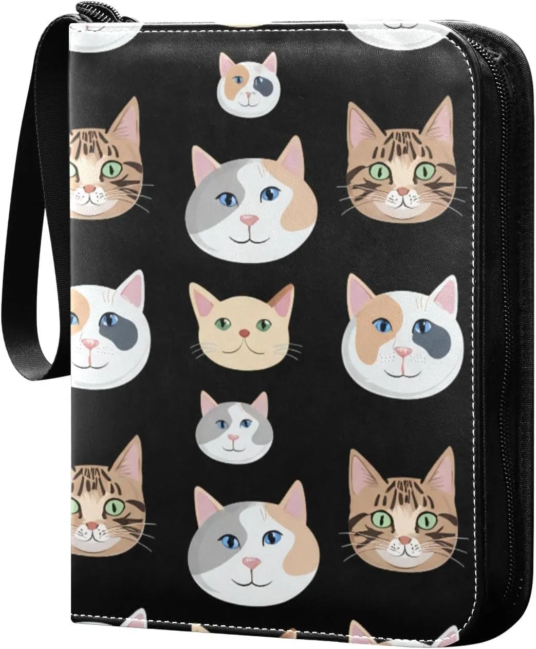 Colorful Cat Faces Card Binder 4-Pockets, 400 Pockets Card Holder with 50 Removable Sleeves, Trading Card Collector Zipper Album Holder, Collector Album