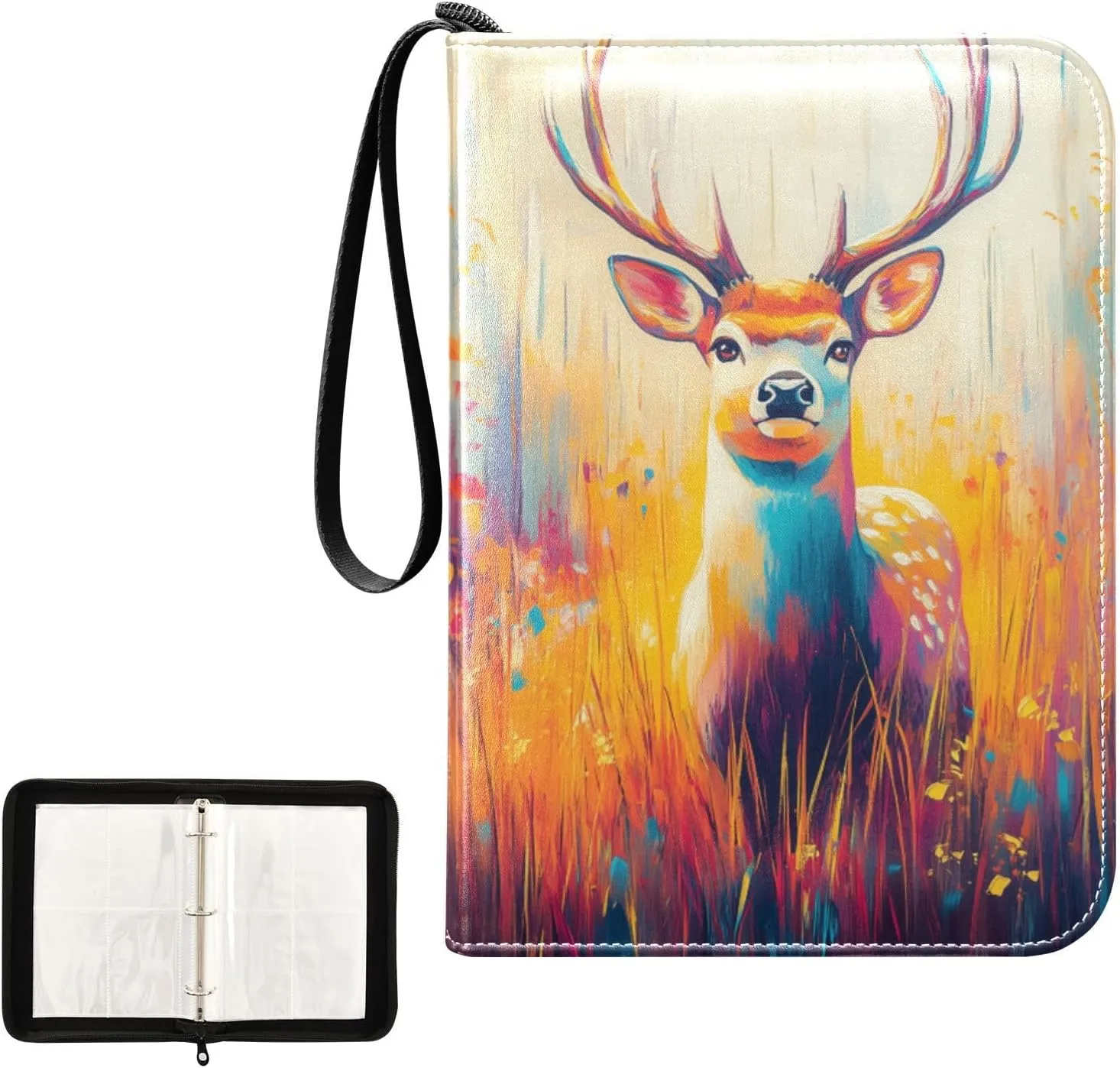 Colorful Deer Painting Card Binder 4 Pocket, Trading Card Holder Fits 400 Game Cards with 50 Removable Sleeves, MTG Card Case Standard Size