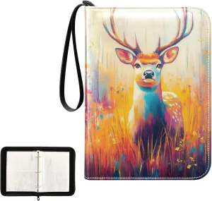Colorful Deer Painting Card Binder 4 Pocket, Trading Card Holder Fits 400 Game Cards with 50 Removable Sleeves, MTG Card Case Standard Size