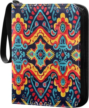 Colorful Ethnic Geometry Card Binder 4-Pocket, 400 Pockets Card Holder with 50 Removable Sleeves and Zipper for Games Baseball Football Sports Card