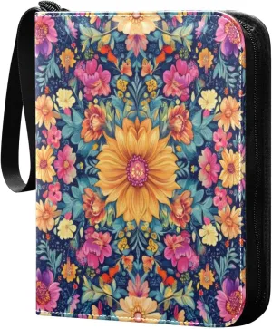 Colorful Floral Card Binder 4-Pocket, 400 Pockets Card Holder with 50 Removable Sleeves and Zipper for Games Baseball Football Sports Card