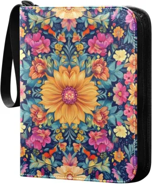 Colorful Floral Card Binder 4-Pockets, 400 Pockets Card Holder with 50 Removable Sleeves, Trading Card Collector Zipper Album Holder, Collector Album