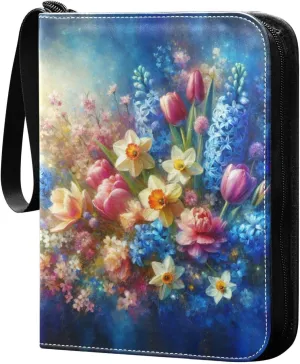 Colorful Flowers Card Binder 4-Pockets, 400 Pockets Card Holder with 50 Removable Sleeves, Trading Card Collector Zipper Album Holder, Collector Album