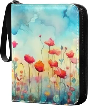 Colorful Flowers Card Binder 4-Pockets, 400 Pockets Card Holder with 50 Removable Sleeves, Trading Card Collector Zipper Album Holder, Collector Album
