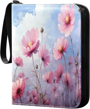 Colorful Flowers Card Binder with 50 Removable Page Sleeves PU Leather Collectible Trading Card Albums Book with Zipper for Games Card,Baseball Cards
