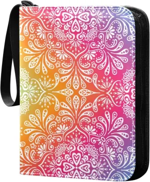 Colorful-flowers-leaves-print Card Binder 4 Pocket, Fits 400 Cards,Trading Card Binder with Sleeves, Waterproof Sports Card Binder with Zip Collectible Trading Card Albums for Collectible Game Cards M