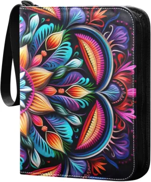 Colorful-geometric-mandala-pattern Card Binder 4 Pocket, Fits 400 Cards,Trading Card Binder with Sleeves, Waterproof Sports Card Binder with Zip Collectible Trading Card Albums for Collectible Game Ca