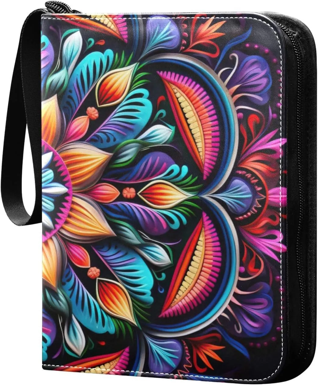 Colorful-geometric-mandala-pattern Card Binder 4 Pocket, Fits 400 Cards,Trading Card Binder with Sleeves, Waterproof Sports Card Binder with Zip Collectible Trading Card Albums for Collectible Game Ca