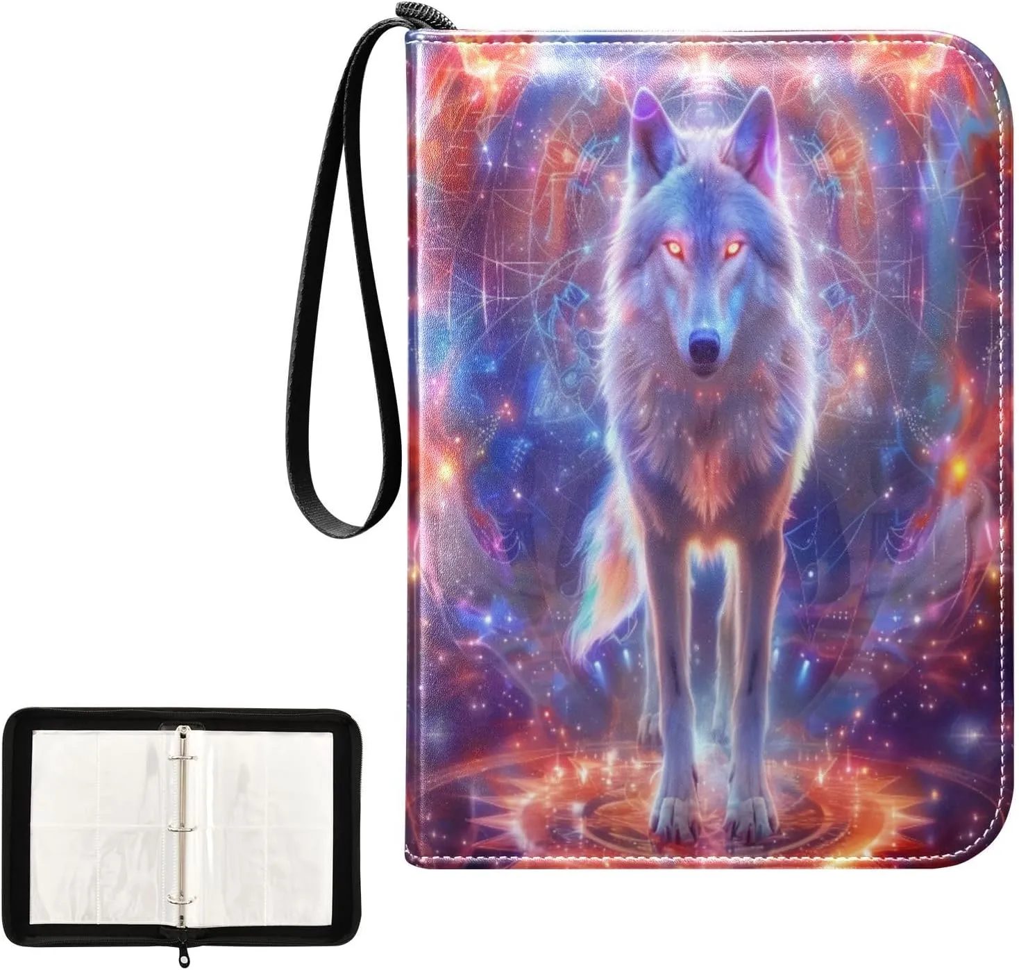 Colorful Glowing Boho Dreamcatcher Wolf Card Binder 4 Pocket, Trading Card Holder Fits 400 Game Cards with 50 Removable Sleeves, MTG Card Case Standard Size