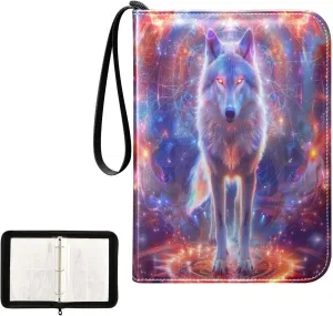 Colorful Glowing Boho Dreamcatcher Wolf Card Binder 4 Pocket, Trading Card Holder Fits 400 Game Cards with 50 Removable Sleeves, MTG Card Case Standard Size