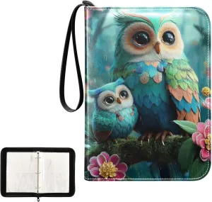 Colorful Green Owl Flower Card Binder 4 Pocket, Trading Card Holder Fits 400 Game Cards with 50 Removable Sleeves, MTG Card Case Standard Size