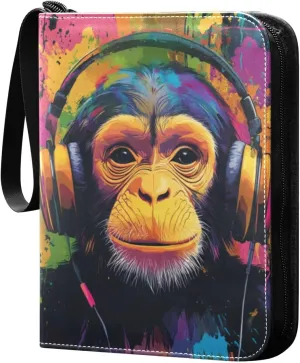 Colorful Headphone Gorilla 4 Pockets Trading Card Album Folder for Cards PU Cover Zip Card Binder with 400 Side Loading Pockets Card Collection Binder for Collectible Boys Girls Game Sports Cards