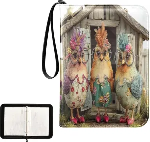 Colorful Hen Clothes Chicken Wooden House Card Binder 4 Pocket, Trading Card Holder Fits 400 Game Cards with 50 Removable Sleeves, MTG Card Case Standard Size