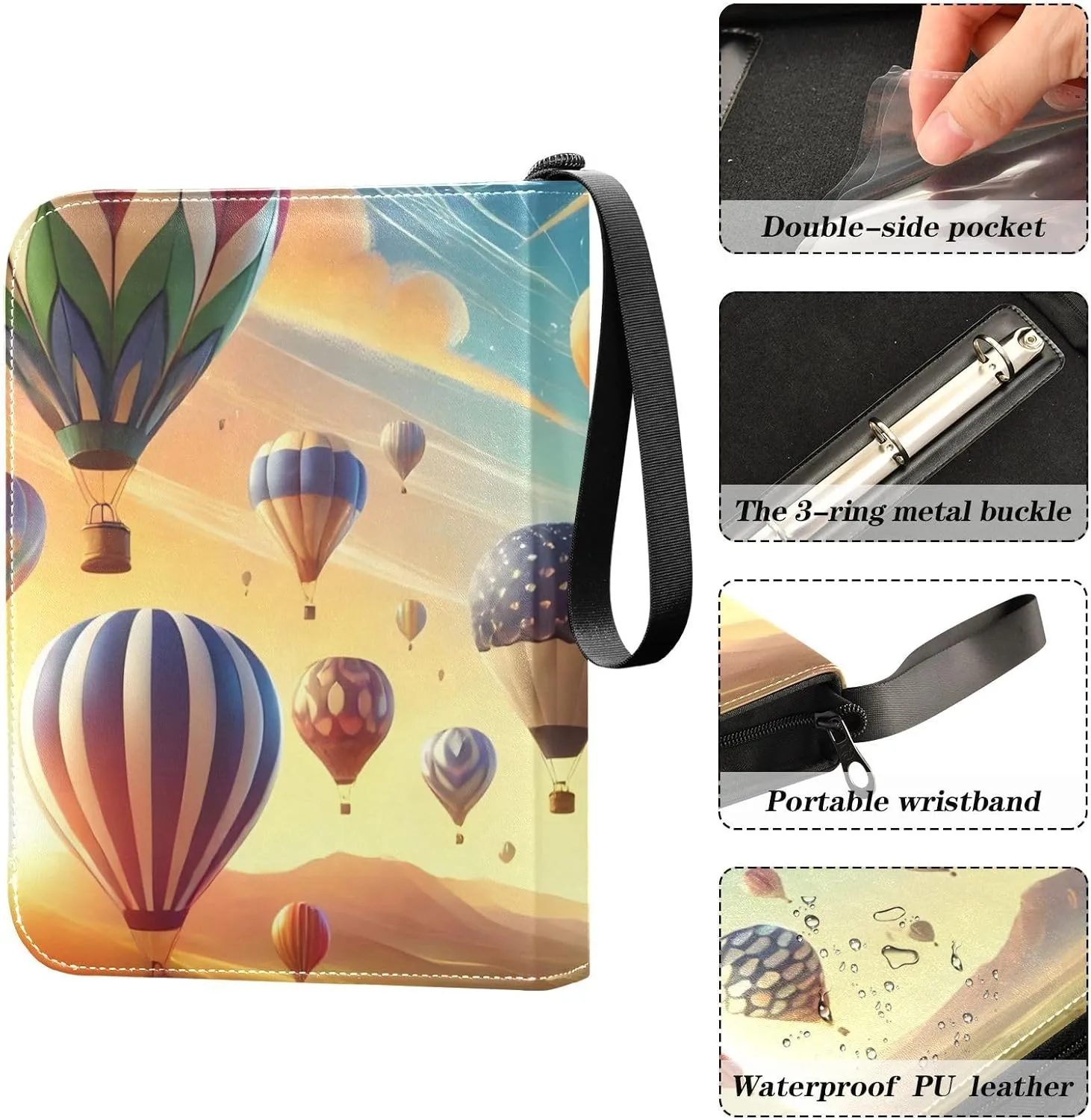 Colorful Hot Air Balloons Valley Card Binder 4-Pocket, 400 Pockets Card Holder with 50 Removable Sleeves Trading Card Albums Sports Card Binder