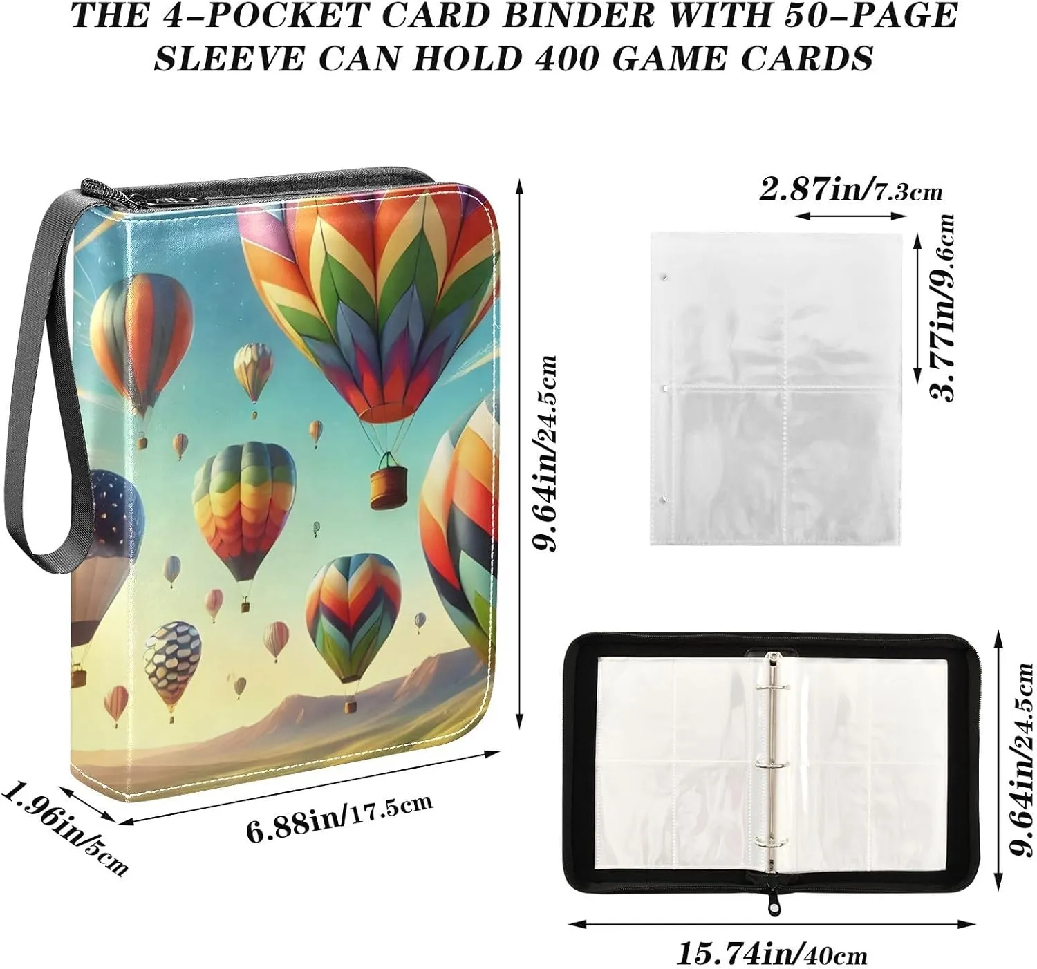 Colorful Hot Air Balloons Valley Card Binder 4-Pocket, 400 Pockets Card Holder with 50 Removable Sleeves Trading Card Albums Sports Card Binder
