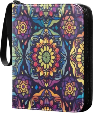 Colorful Mandala Card Binder 4-Pocket, 400 Pockets PU Waterproof Zippered Collector Card Album with 50 Removable Sleeves for Trading, Game Cards