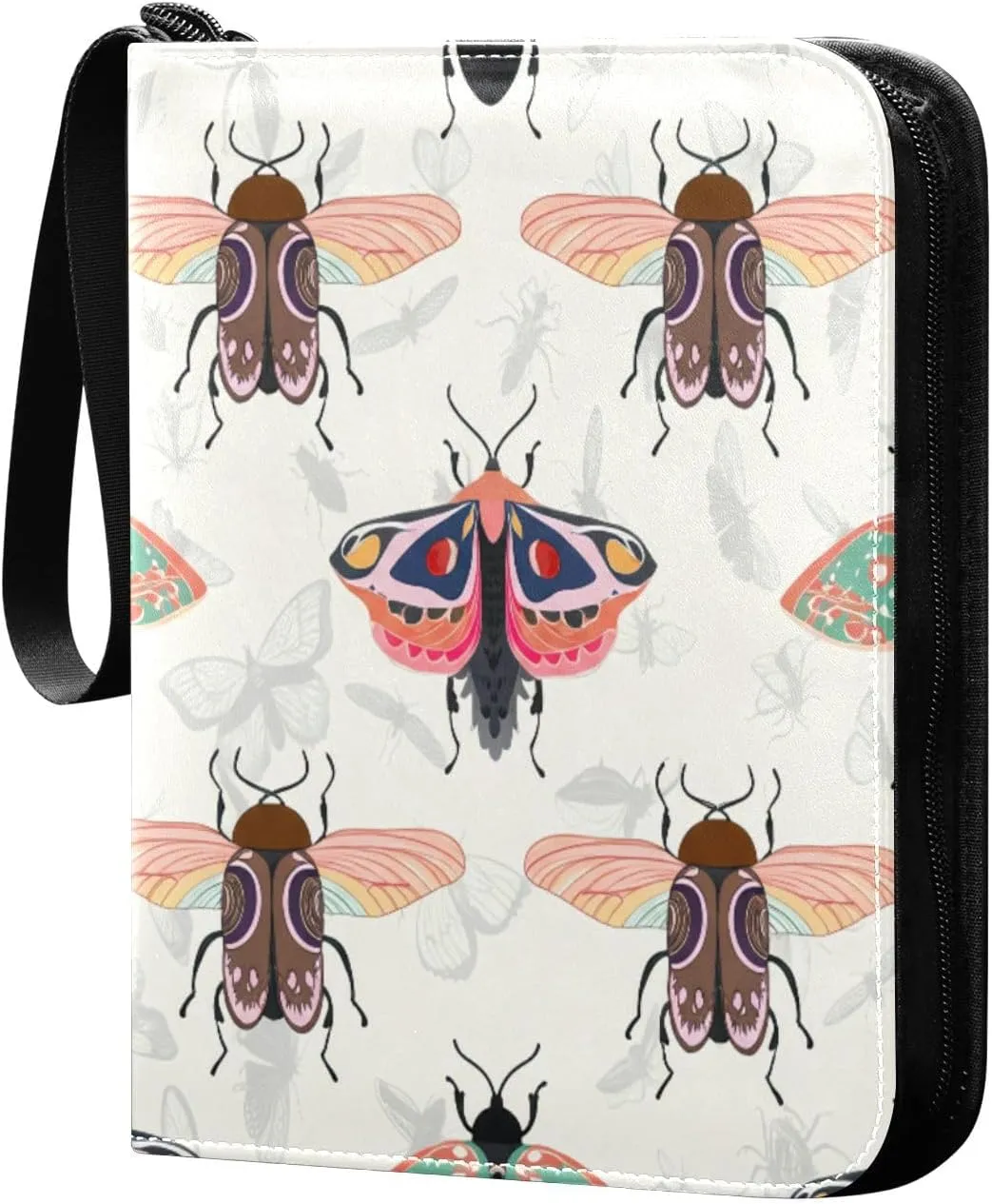 Colorful Moths Card Binder 4-Pocket, 400 Pockets PU Waterproof Zippered Collector Card Album with 50 Removable Sleeves for Trading, Game Cards
