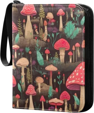 Colorful Mushrooms Card Binder with 50 Removable Page Sleeves PU Leather Collectible Trading Card Albums Book with Zipper for Games Card,Baseball Cards