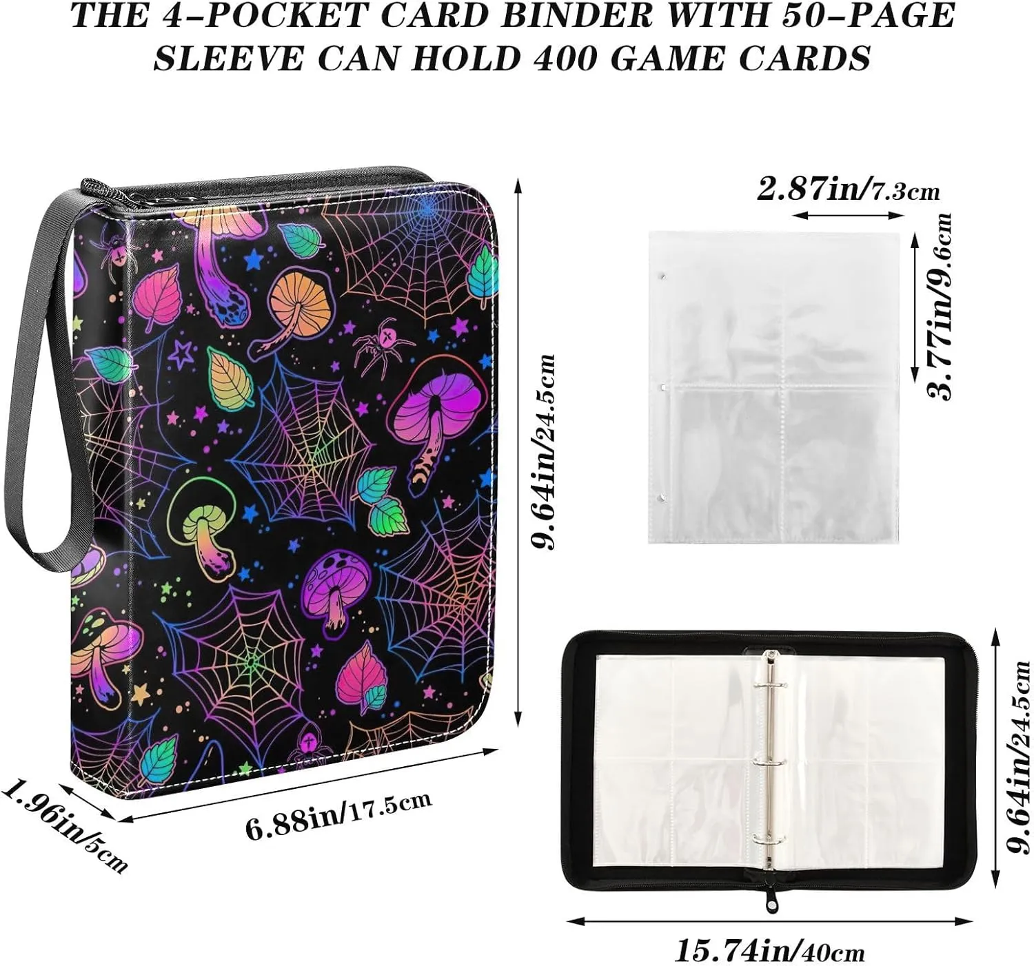 Colorful Mushrooms Cobwebs Binder Cards, Side Loading Card Binder Fits 400 Cards for Sports Cards, Game Cards