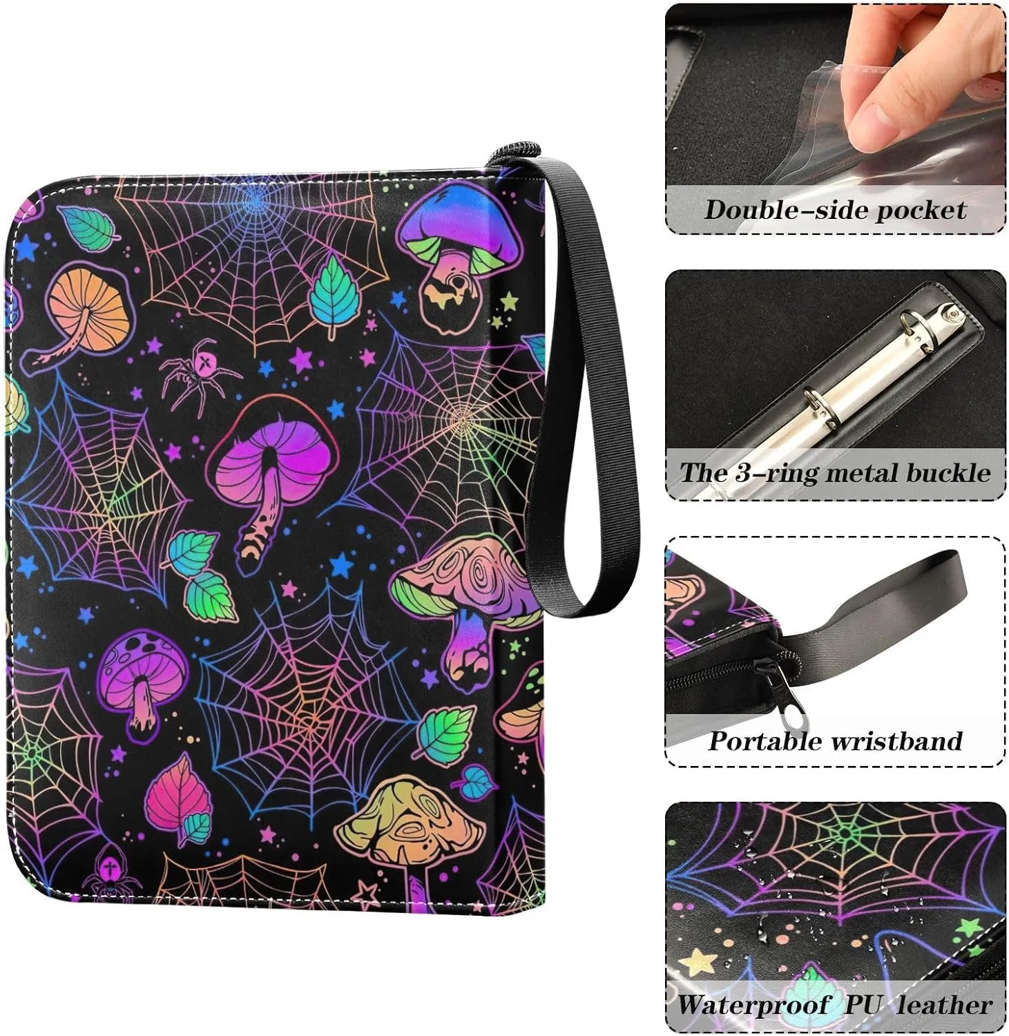 Colorful Mushrooms Cobwebs Binder Cards, Side Loading Card Binder Fits 400 Cards for Sports Cards, Game Cards