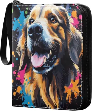 Colorful Paint Splashes Dog Face Cards Binder 4 Pocket Fits 400 Cards with 50 Removable Sleevesves, Trading Card Collector Zipper Album Holder Portable Card Games Display Storage Cases