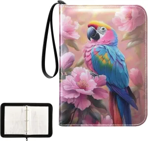 Colorful Parrot Feathers Pink Flowers Card Binder 4 Pocket, Trading Card Holder Fits 400 Game Cards with 50 Removable Sleeves, MTG Card Case Standard Size