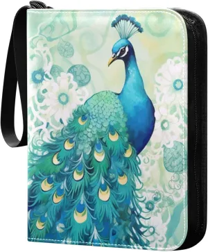 Colorful Peacock Card Binder 4-Pocket Leather Cover 400 Pockets Card Album Holder Removable Display Storage for Trading Cards, Game Cards, Collectibles