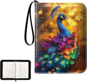 Colorful Peacock Feathers Golden Petals Card Binder 4 Pocket, Trading Card Holder Fits 400 Game Cards with 50 Removable Sleeves, MTG Card Case Standard Size