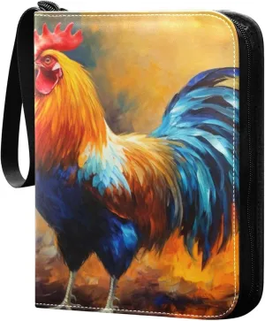 Colorful Rooster Card Binder 4-Pockets, 400 Pockets Card Holder with 50 Removable Sleeves, Trading Card Collector Zipper Album Holder, Collector Album