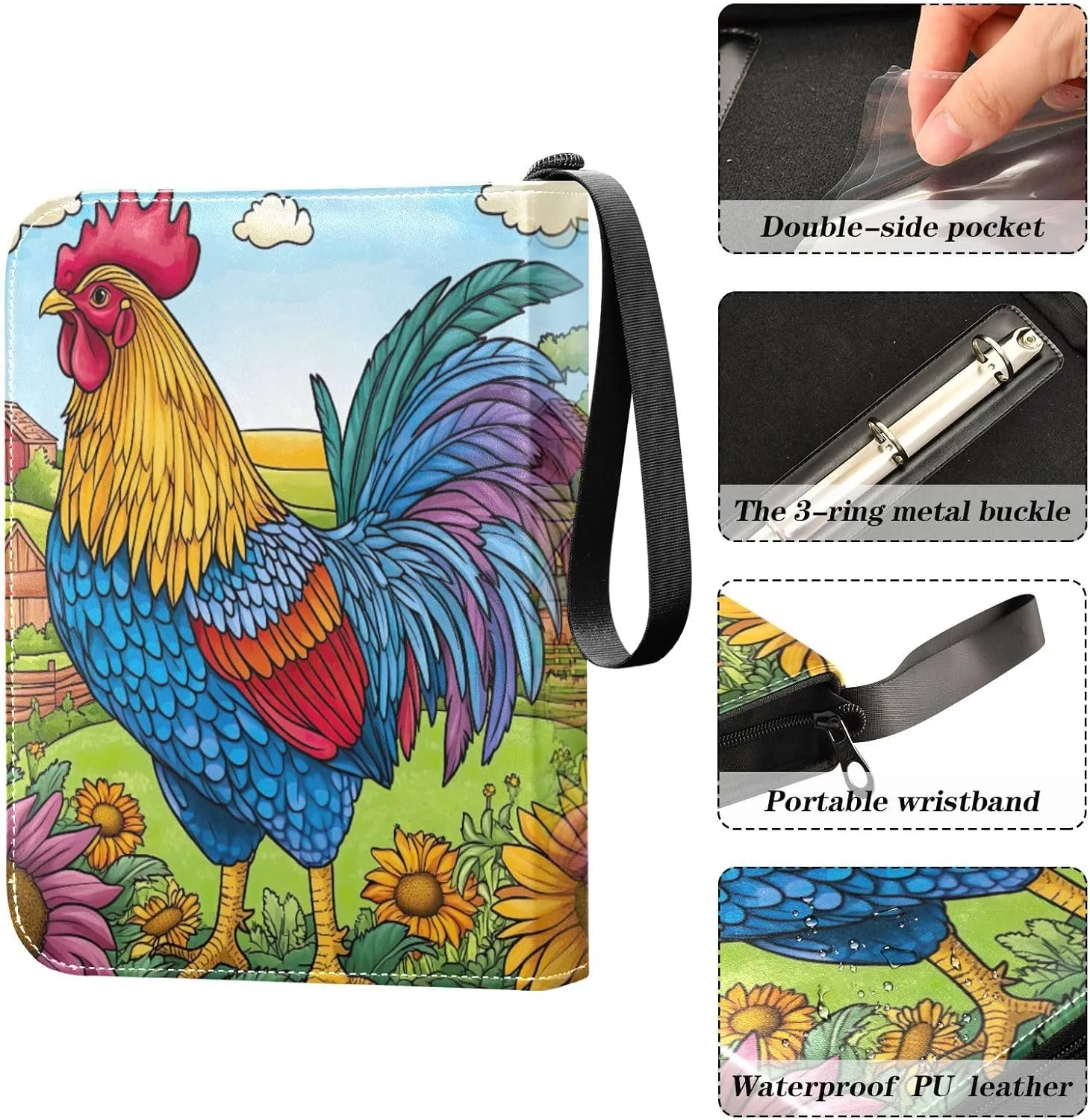 Colorful Rooster Garden Card Holder for Binder 4-Pocket Card Book Holder Fits 400 Cards for Baseball Card, Football Card