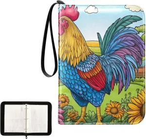 Colorful Rooster Garden Card Holder for Binder 4-Pocket Card Book Holder Fits 400 Cards for Baseball Card, Football Card