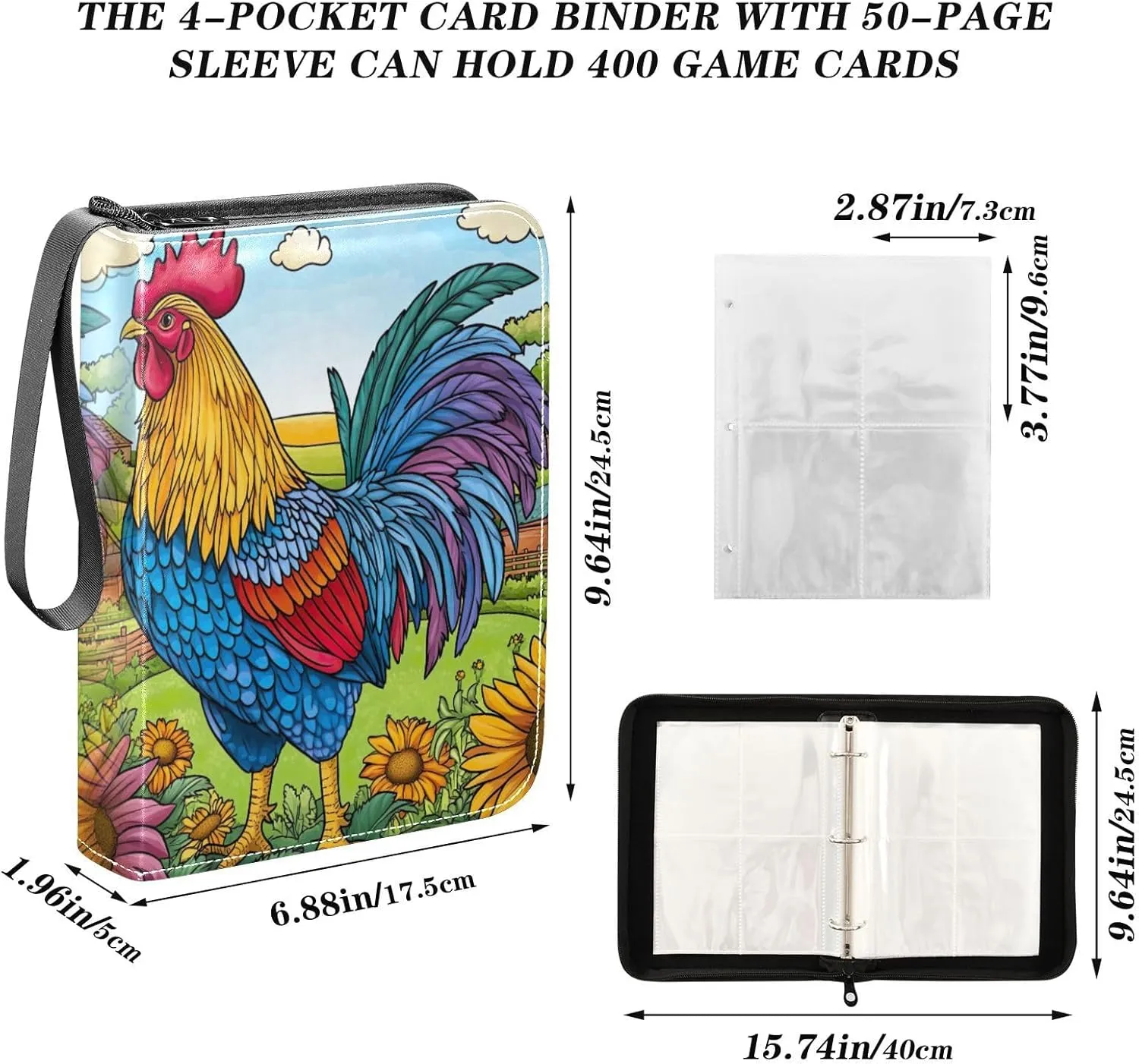 Colorful Rooster Garden Card Holder for Binder 4-Pocket Card Book Holder Fits 400 Cards for Baseball Card, Football Card