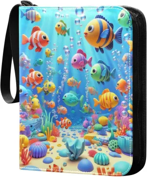 Colorful Sea Fishes Card Binder 4-Pockets, 400 Pockets Card Holder with 50 Removable Sleeves, Trading Card Collector Zipper Album Holder, Collector Album