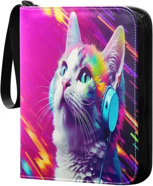 Colorful Space Cat Card Binder with Double Sided PU Leather Holder Albums Book with 400 Pockets for Collectible Trading Card Games Card
