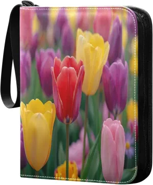 Colorful Tulips Card Binder 4-Pocket, 400 Pockets PU Waterproof Zippered Collector Card Album with 50 Removable Sleeves for Trading, Game Cards