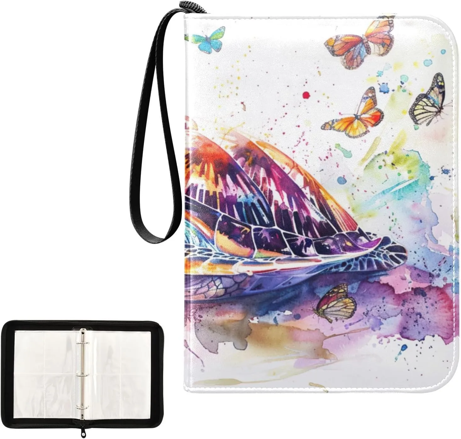 Colorful Watercolor Turtle Collectible Trading Card Albums, Waterproof PU Card Collection Binder Fits 400 Cards with Removable Sleeves for Baseball Card, Football Card