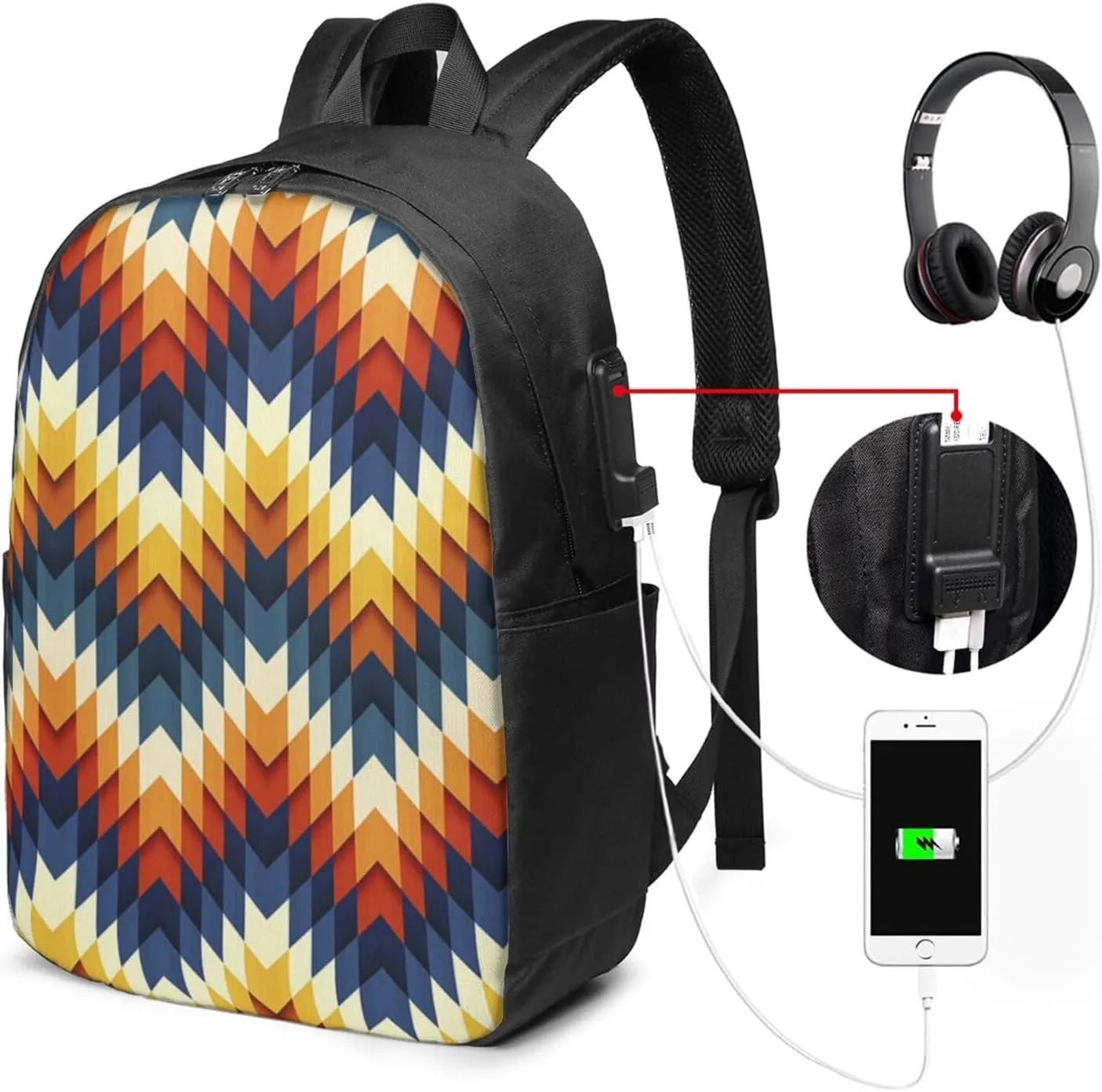 Colorful Waves Backpack, 17 Inch Travel Business Laptop Backpack With USB Port for Women Men