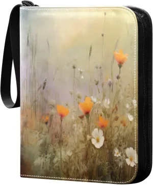 Colorful Wild Flowers (1) Card Binder with 50 Removable Page Sleeves PU Leather Collectible Trading Card Albums Book with Zipper for Games Card,Baseball Cards