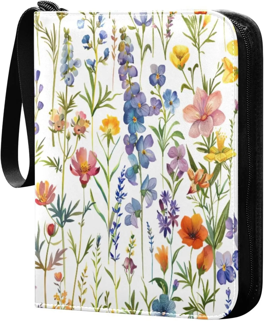 Colorful Wildflowers Card Binder 4-Pocket, 400 Pockets PU Waterproof Zippered Collector Card Album with 50 Removable Sleeves for Trading, Game Cards