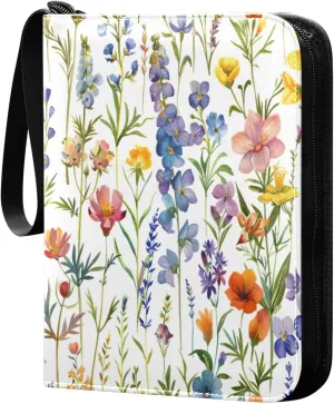 Colorful Wildflowers Card Binder 4-Pocket, 400 Pockets PU Waterproof Zippered Collector Card Album with 50 Removable Sleeves for Trading, Game Cards