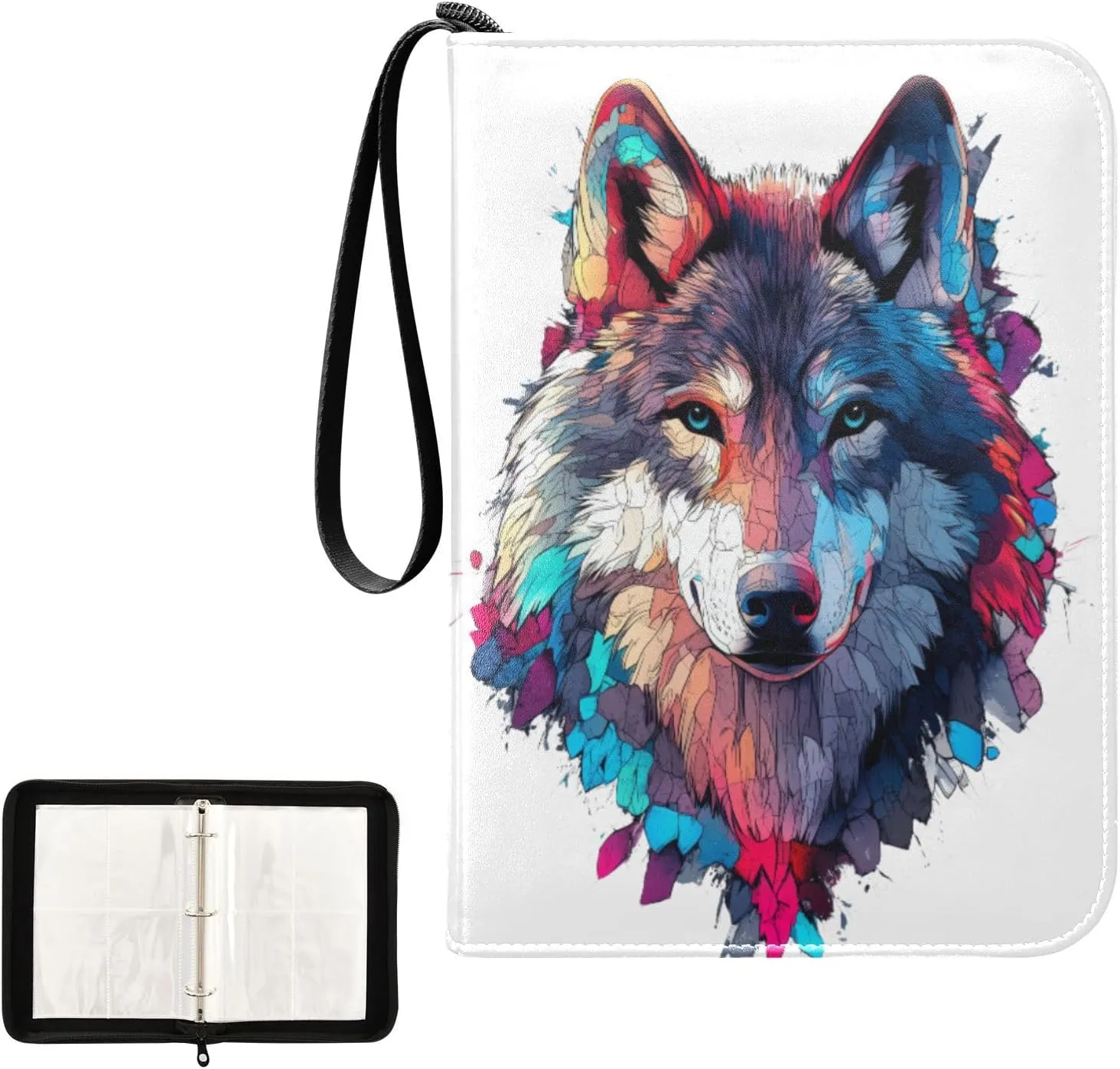 Colorful Wolf Card Binder 4 Pocket, Trading Card Holder Fits 400 Game Cards with 50 Removable Sleeves, MTG Card Case Standard Size
