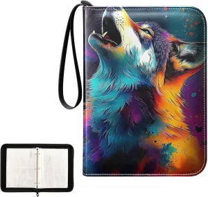 Colorful Wolf Oil Card Binder 4 Pocket, Trading Card Holder Fits 400 Game Cards with 50 Removable Sleeves, MTG Card Case Standard Size