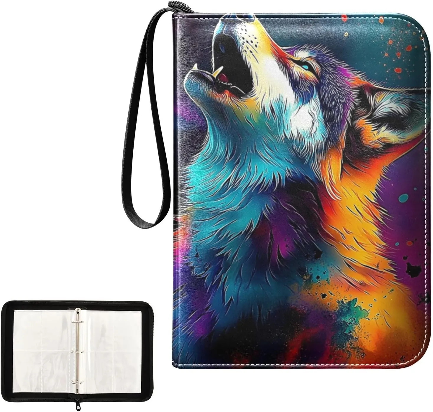 Colorful Wolf Oil Card Binder 4 Pocket, Trading Card Holder Fits 400 Game Cards with 50 Removable Sleeves, MTG Card Case Standard Size