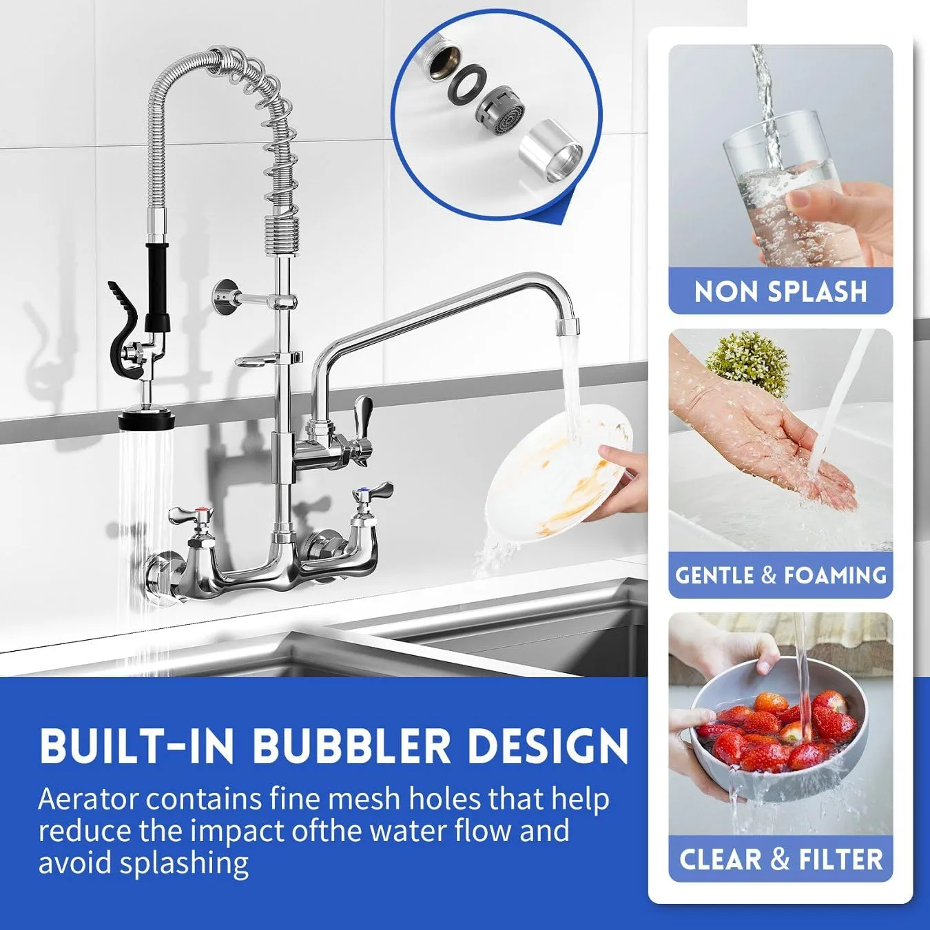 Commercial Sink Faucet,TOLSUNY Commercial Kitchen Faucet Wall Mount with Pre Rinse Sprayer,Wall Mounted Kitchen Sink Faucet for Industrial and Restaurant Sinks. (Modern, 25)