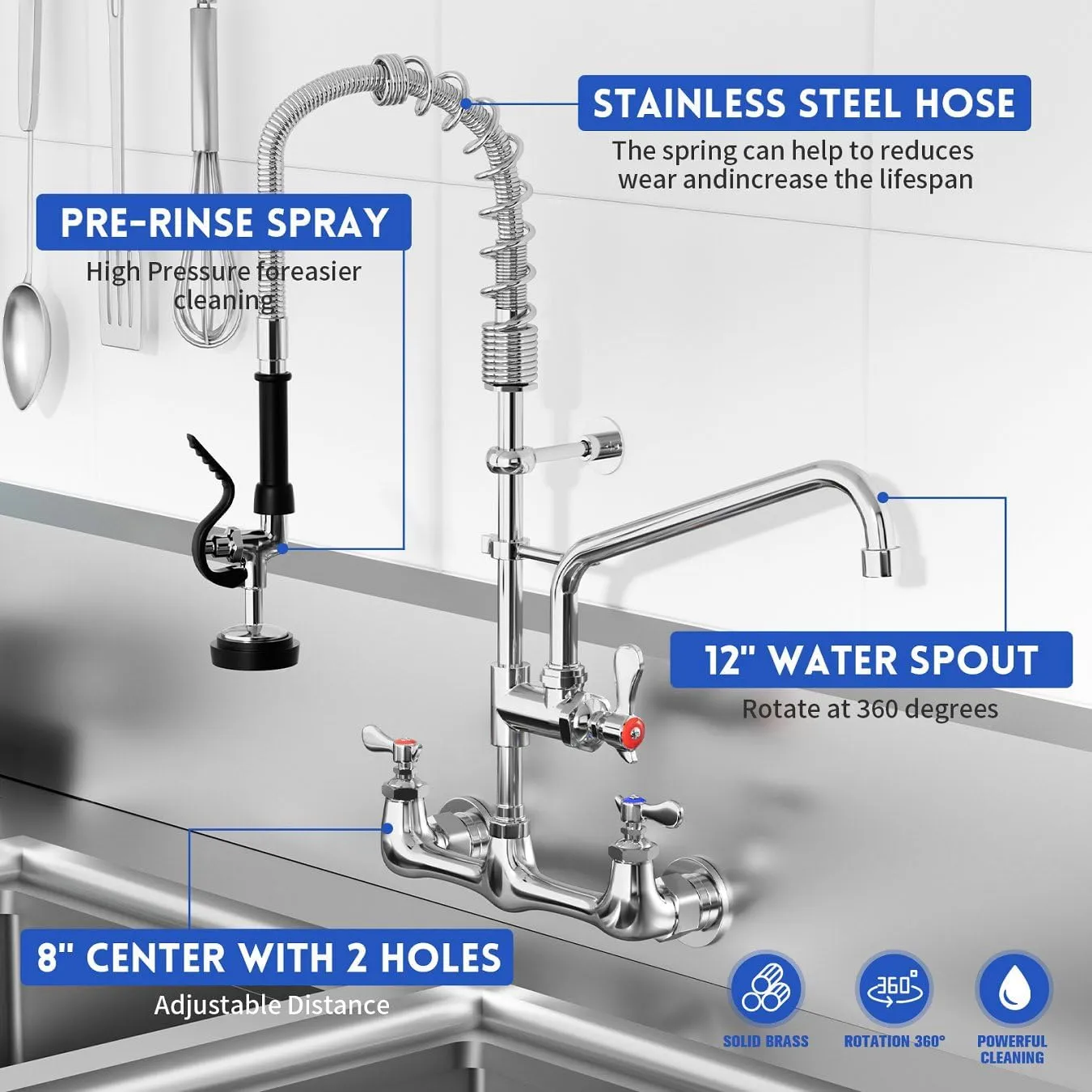 Commercial Sink Faucet,TOLSUNY Commercial Kitchen Faucet Wall Mount with Pre Rinse Sprayer,Wall Mounted Kitchen Sink Faucet for Industrial and Restaurant Sinks. (Modern, 25)