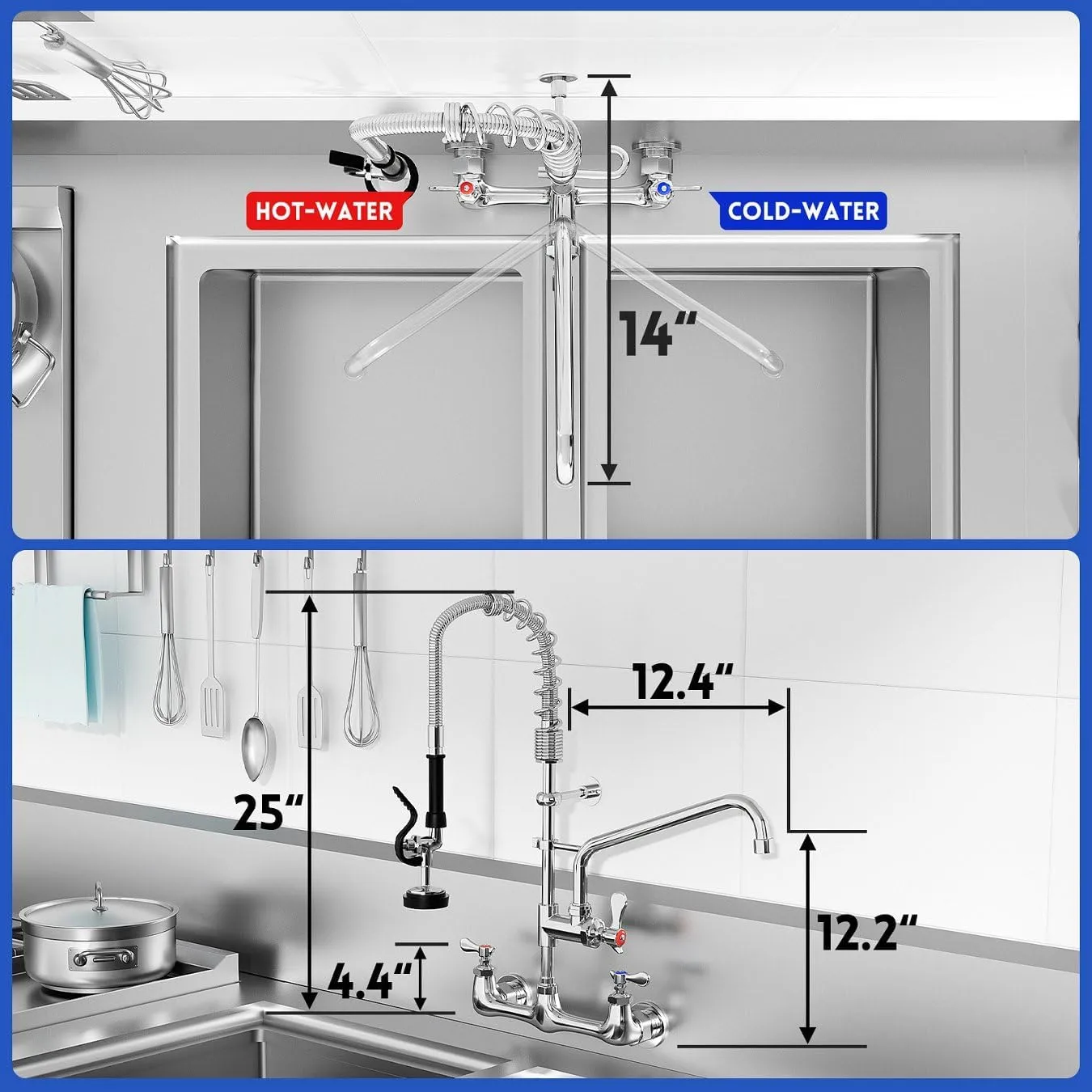 Commercial Sink Faucet,TOLSUNY Commercial Kitchen Faucet Wall Mount with Pre Rinse Sprayer,Wall Mounted Kitchen Sink Faucet for Industrial and Restaurant Sinks. (Modern, 25)