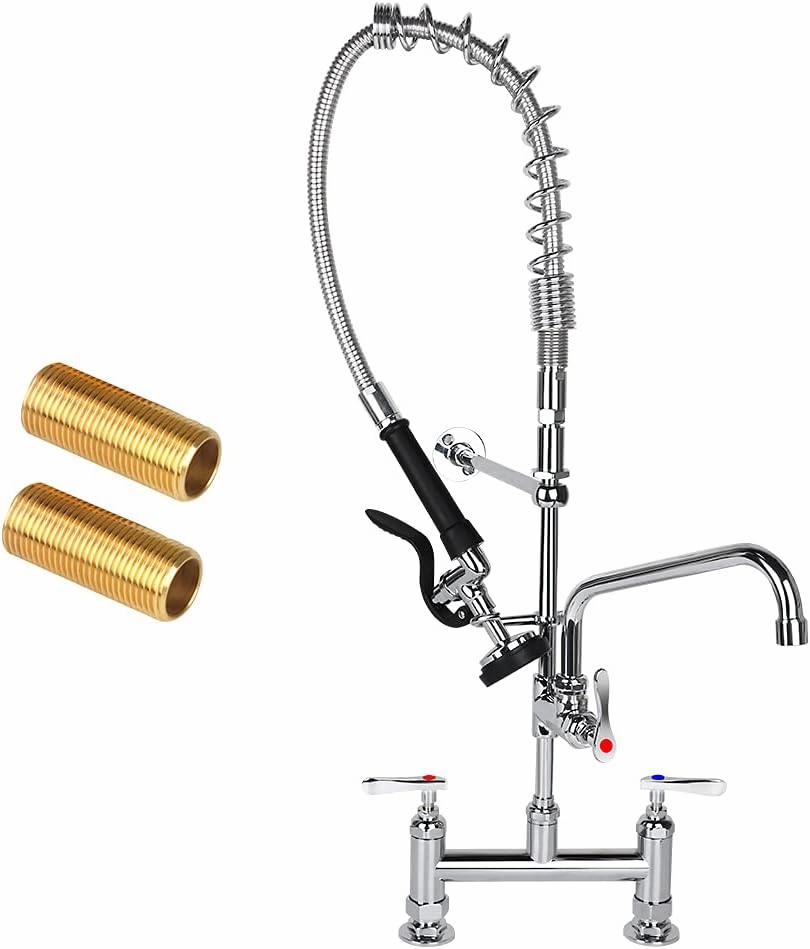 Commercial Sink Faucet with Pre Rinse Sprayer, 8 Inch Center 27 inch Height Deck Mount Commercial Kitchen Sink Faucet with 12inchSwing Spout Fit for Kitchen Restaurant, Brass Chrome
